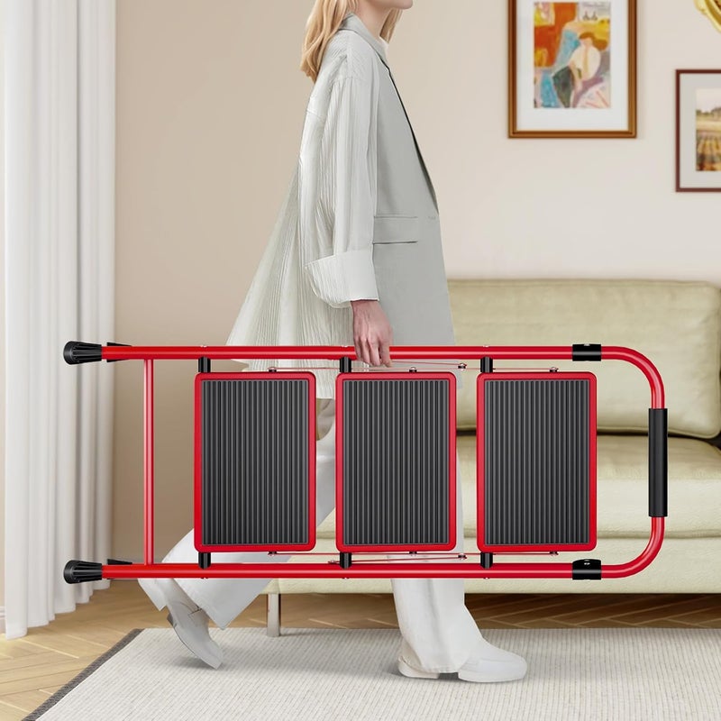 KINGRACK 3 Step Ladder, Folding Step Stool with Anti-Slip and Wide Pedal, Lightweight Stepladder with Handrails, Portable for Kitchen, Household, Red - Image 5